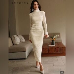 SHEIN Cream Lace High-Neck Long-Sleeve Maxi Dress